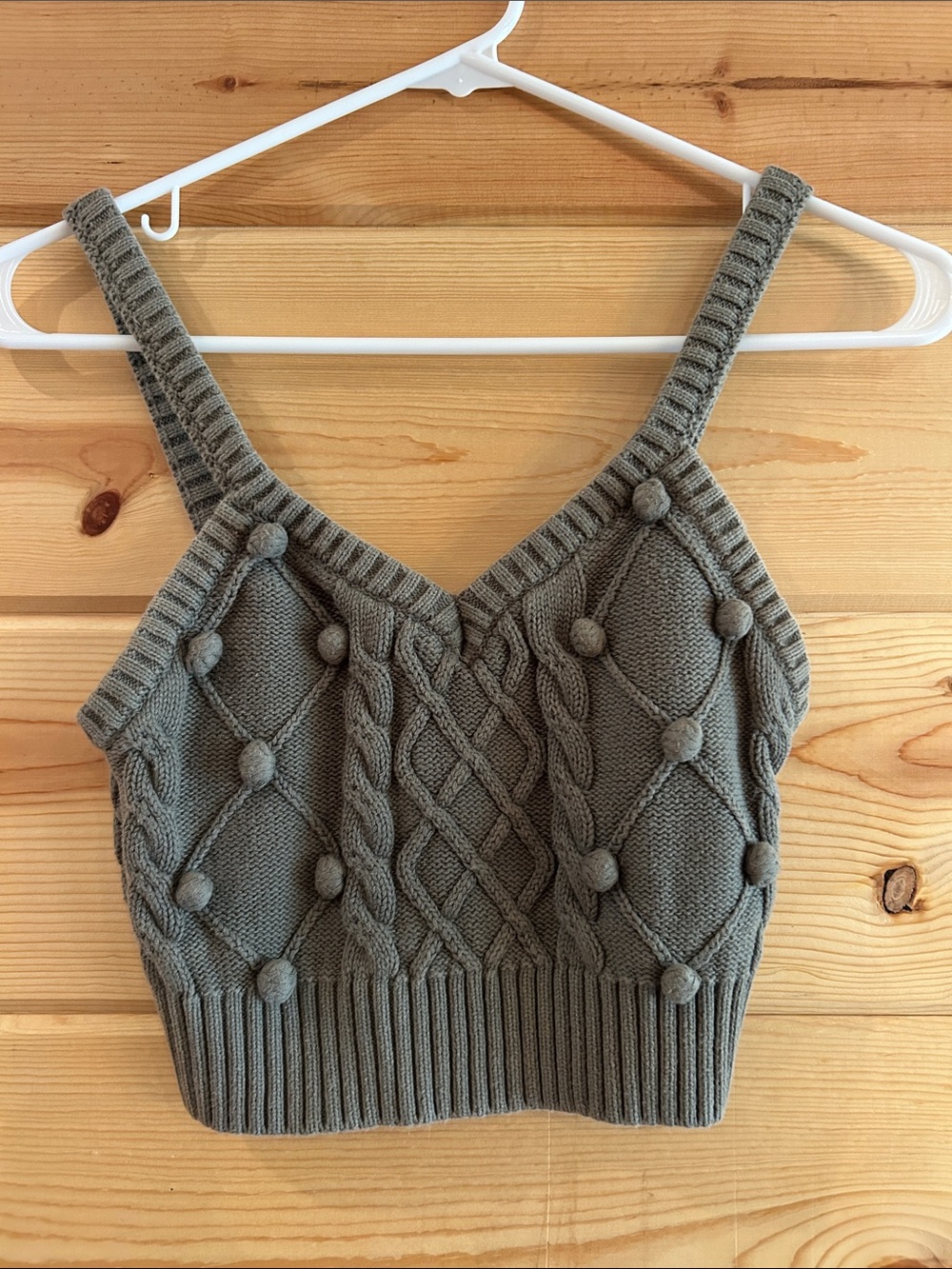 Forever 21 Olive Knit Pom-Pom Cable Crop Camisole